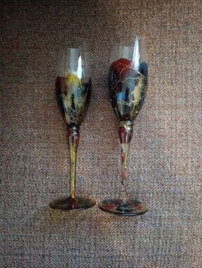 Royal Danube Romanian Art Hand Painted Gold Splattered Champagne Flutes-Set Of 2